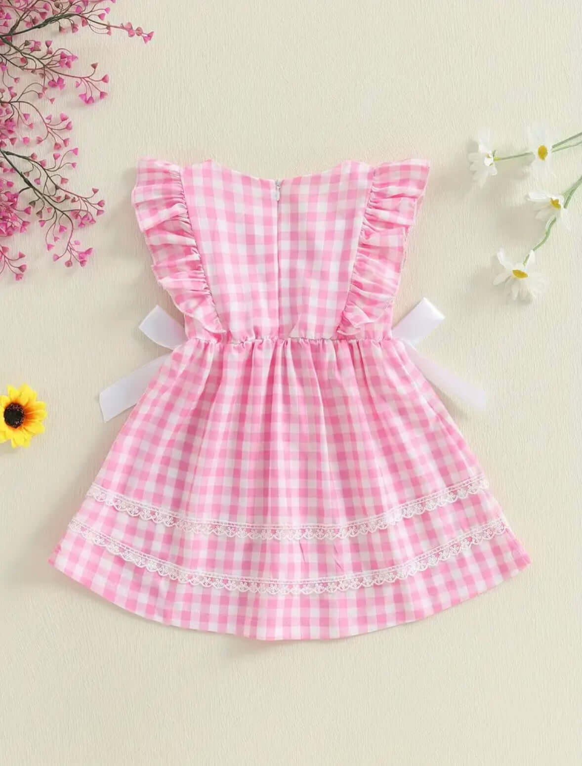 Pink Gingham Ruffle Dress with White Bows – Toddler Girl