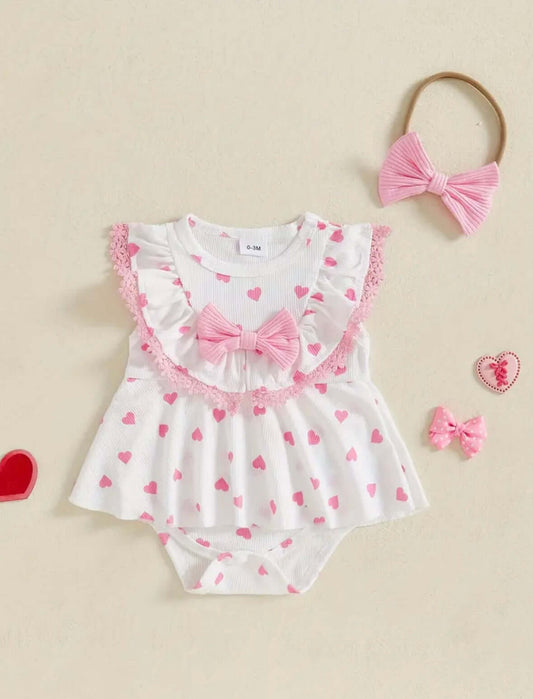 Sweetheart Baby Girl Dress Set – Pink Ruffle Top & Heart Bloomers with Bow Headband