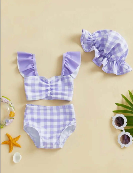 Lavender Gingham Baby Girl Swimsuit Set – 3-Piece with Ruffle Top, High-Waist Bottom & Sun Hat