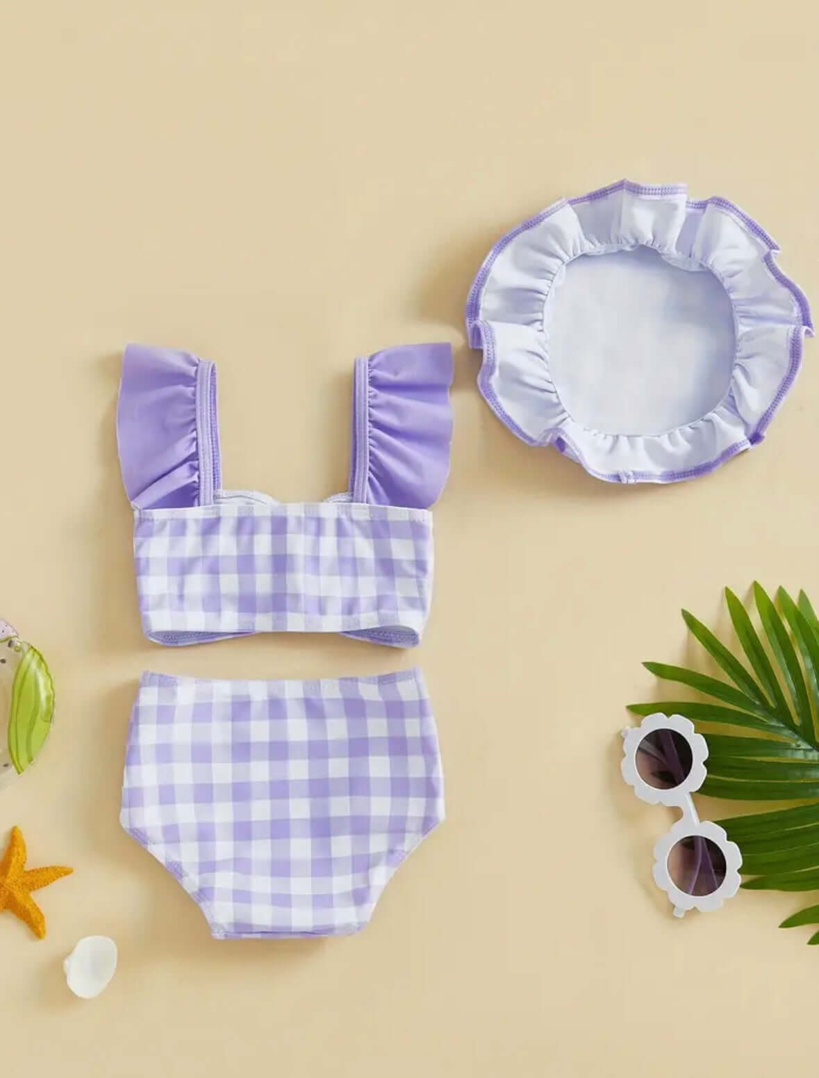 Lavender Gingham Baby Girl Swimsuit Set – 3-Piece with Ruffle Top, High-Waist Bottom & Sun Hat