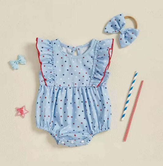 Stars & Stripes Baby Girl Romper – 4th of July Outfit with Matching Headband