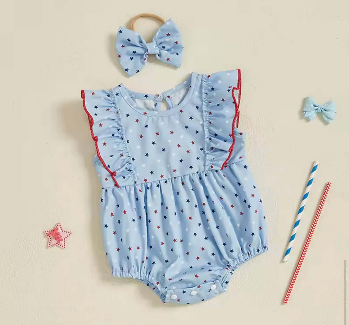 Stars & Stripes Baby Girl Romper – 4th of July Outfit with Matching Headband