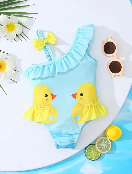 Turquoise Ruffle Baby Swimsuit with Yellow Bows – One-Shoulder Summer Cutie