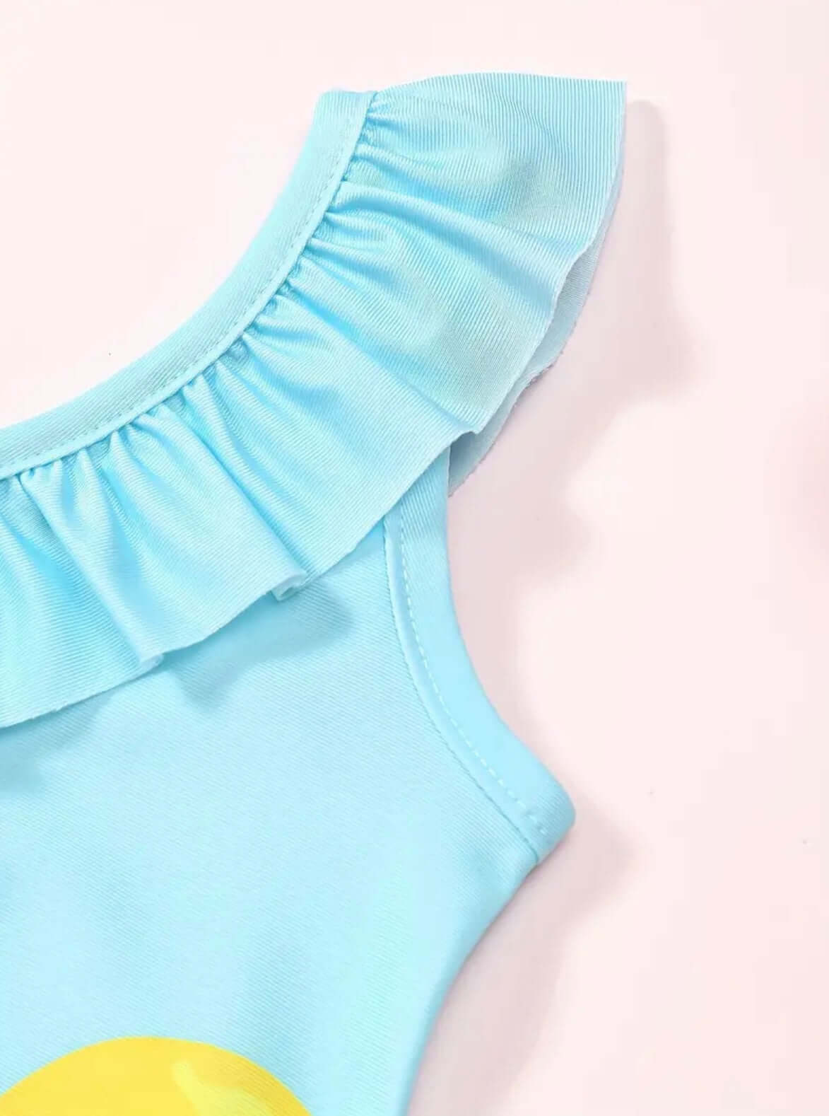 Turquoise Ruffle Baby Swimsuit with Yellow Bows – One-Shoulder Summer Cutie