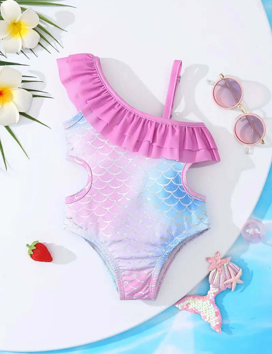 Magical Mermaid One-Shoulder Swimsuit – Pink & Purple Sparkle Scales