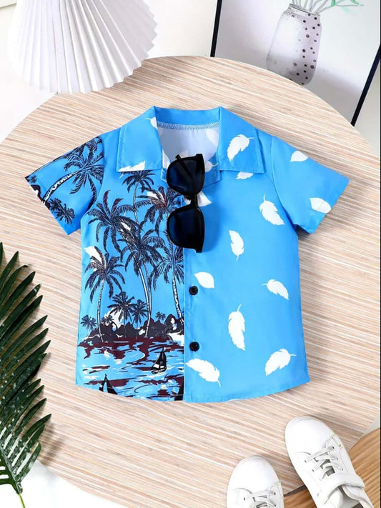 Blue Tropical Palm + Feather Button-Up Shirt – Island Vibes for Kids