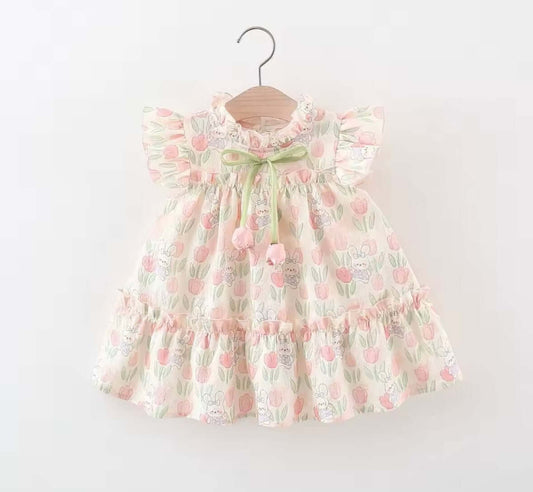 Pastel Tulip Bunny Dress for Toddlers – Ruffle & Bow Detail