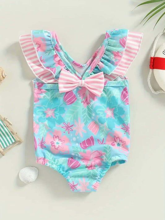 Floral Ruffle Baby Girl Swimsuit with Pink Bow – One-Piece