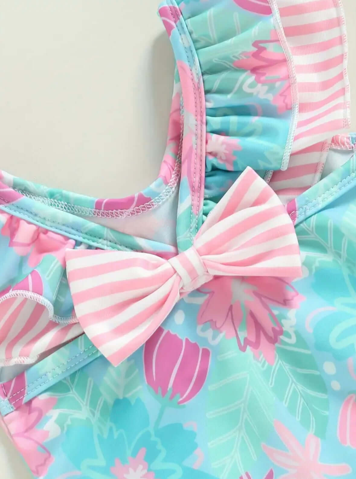 Floral Ruffle Baby Girl Swimsuit with Pink Bow – One-Piece