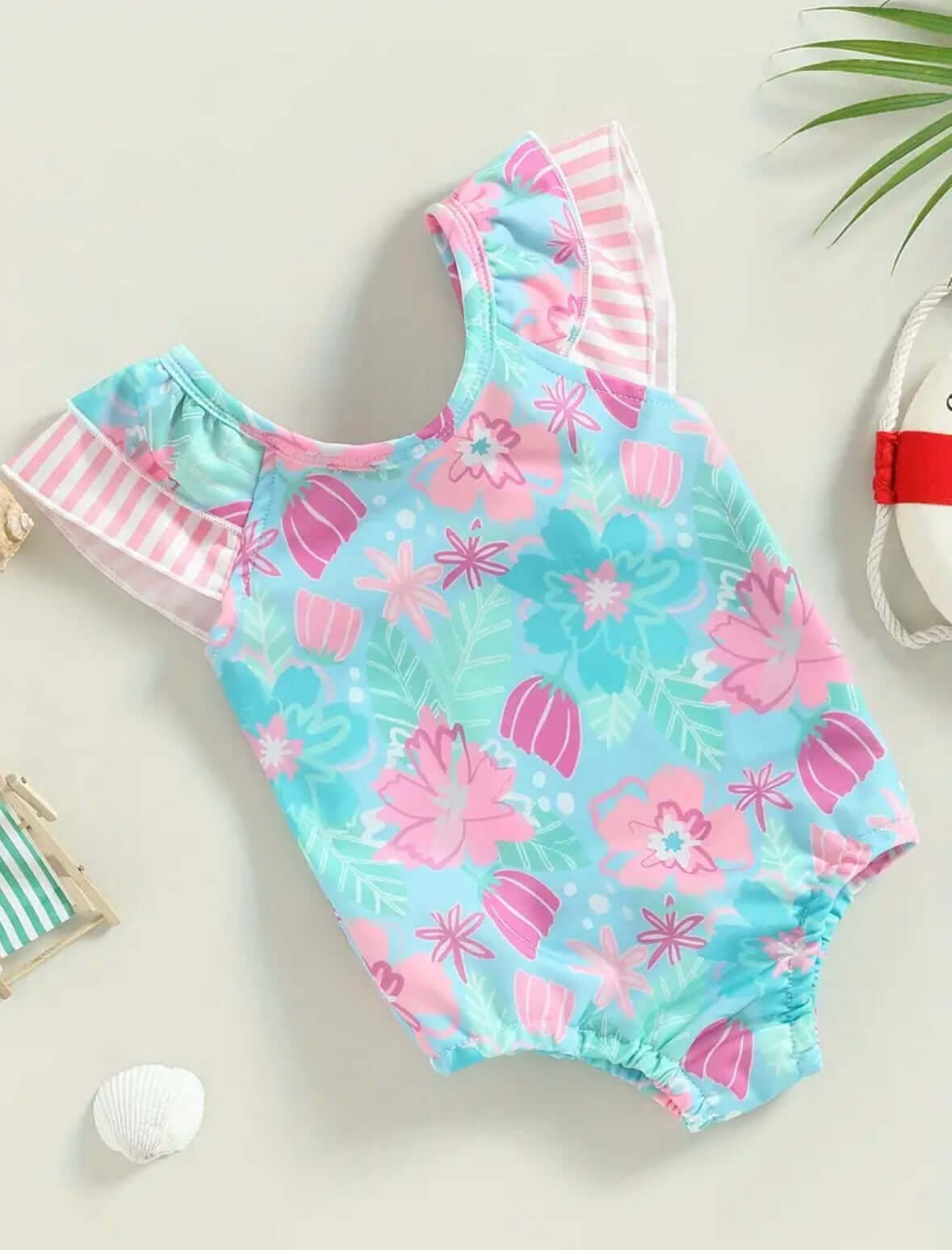 Floral Ruffle Baby Girl Swimsuit with Pink Bow – One-Piece
