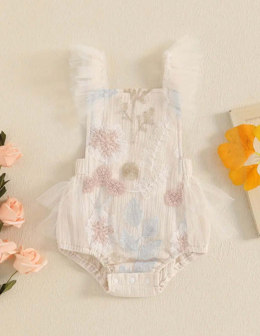 Floral Embroidered Tulle Baby Romper – Soft Cre