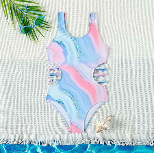 Girls’ Marble Swirl Cutout One-Piece Swimsuit – Pink & Blue