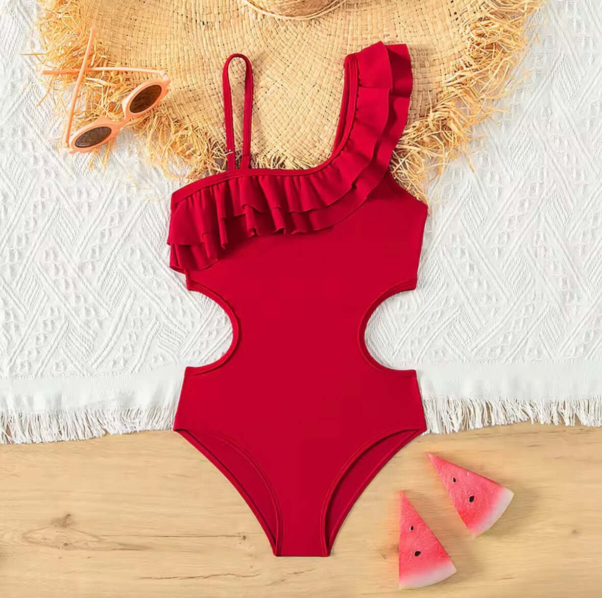 Girls’ One-Shoulder Ruffle Cutout Swimsuit – Cherry Red