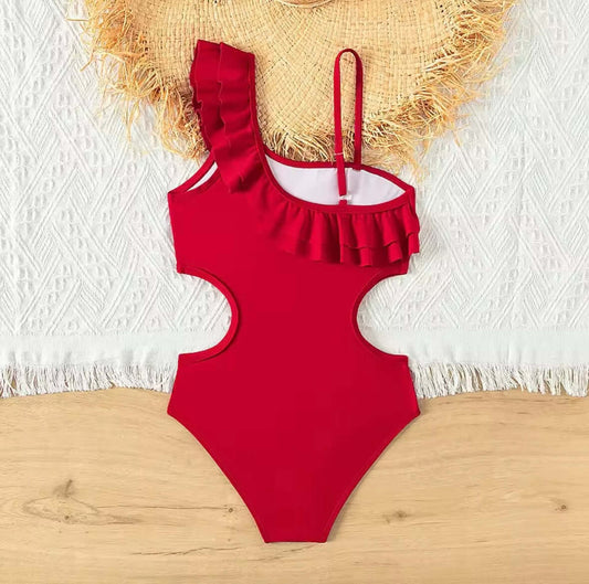 Girls’ One-Shoulder Ruffle Cutout Swimsuit – Cherry Red