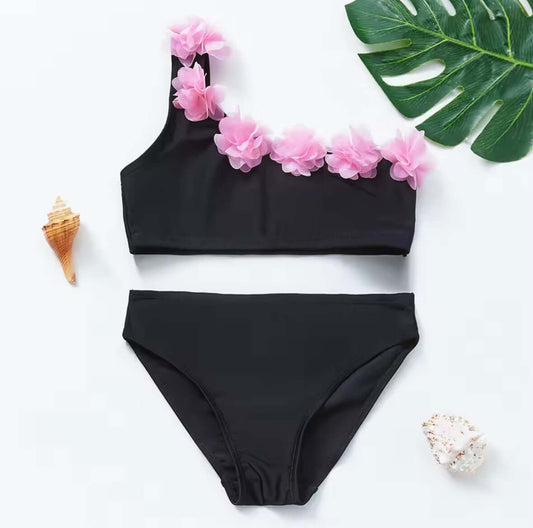 Girls’ Black Bikini Set with 3D Pink Floral Trim – One Shoulder Design