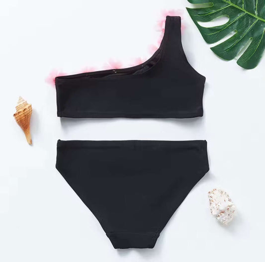 Girls’ Black Bikini Set with 3D Pink Floral Trim – One Shoulder Design