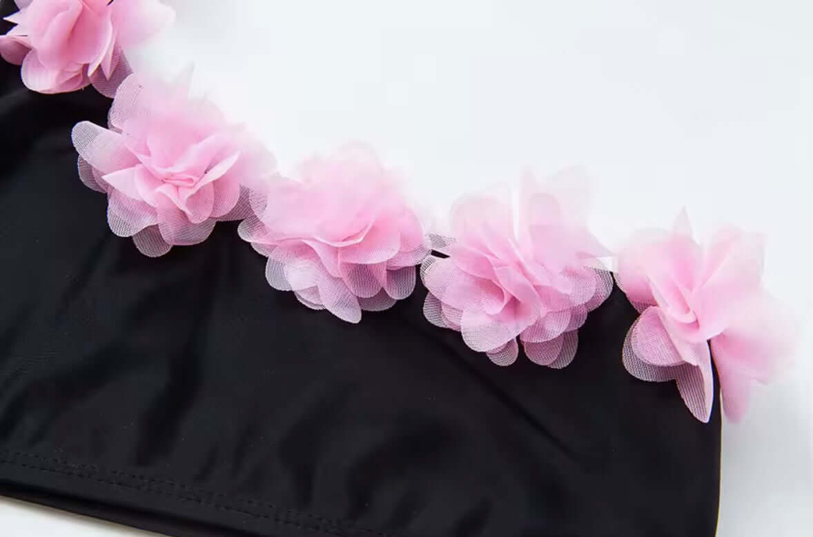 Girls’ Black Bikini Set with 3D Pink Floral Trim – One Shoulder Design