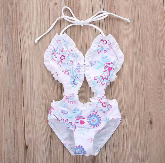 Girls’ Floral One-Piece Swimsuit with Ruffle Trim – Cutout & Halter Neck