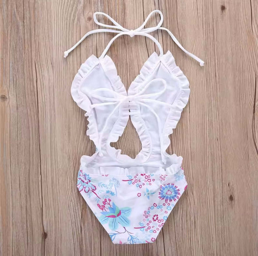 Girls’ Floral One-Piece Swimsuit with Ruffle Trim – Cutout & Halter Neck