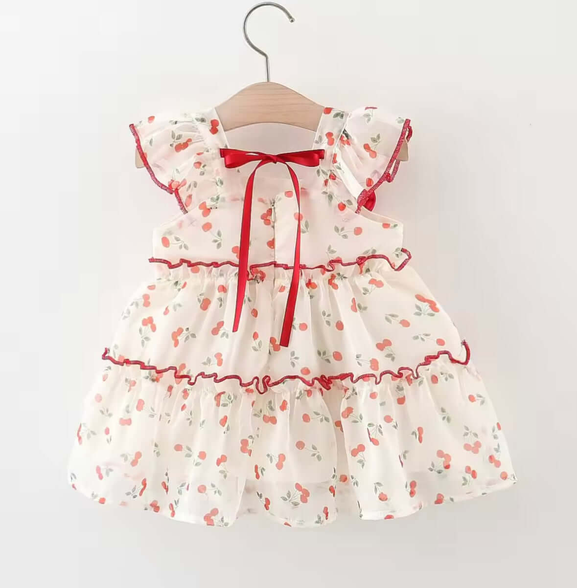 🍒 Cherry Sweetheart Ruffle Baby Dress – Red Bow Edition