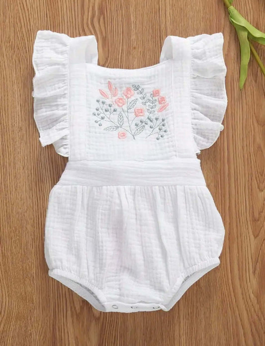 White Ruffle Baby Romper with Floral Embroidery (3-6M)