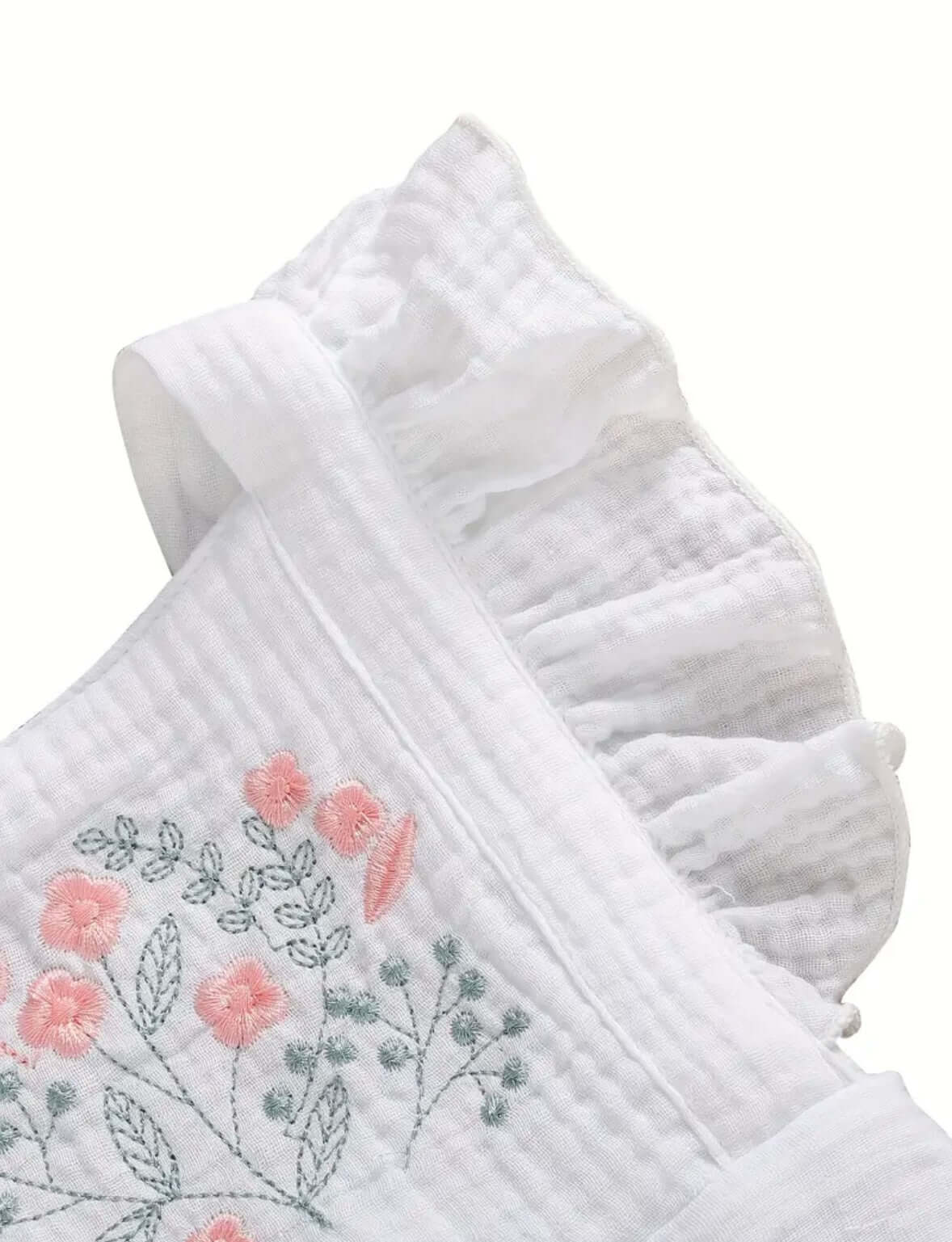 White Ruffle Baby Romper with Floral Embroidery (3-6M)