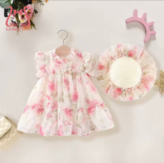 Pink Rose Ruffle Baby Dress & Hat Set