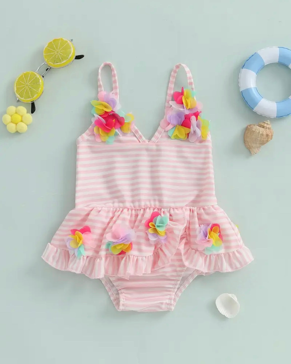Pink Striped Floral Baby Girl Swimsuit – Ruffle Skirt One-Piece