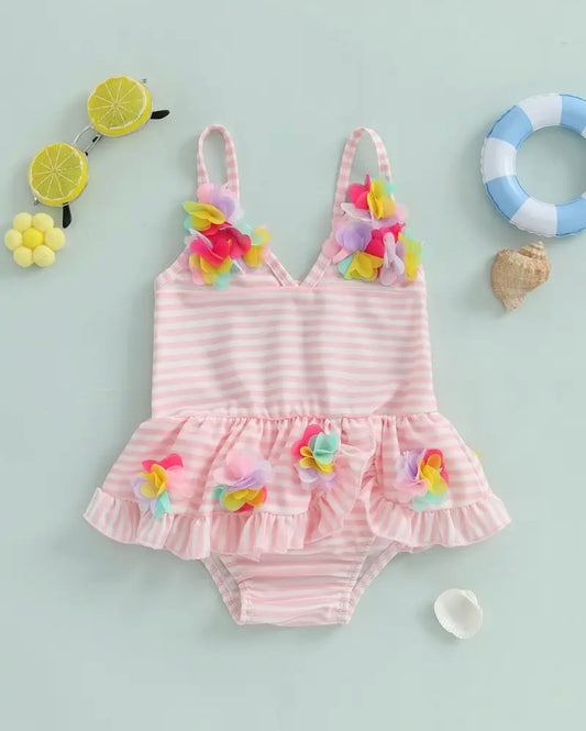Pink Striped Floral Baby Girl Swimsuit – Ruffle Skirt One-Piece