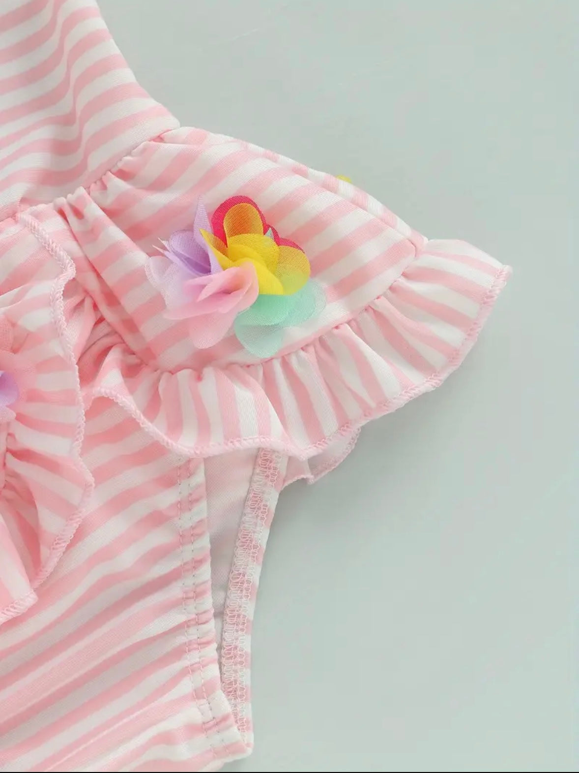 Pink Striped Floral Baby Girl Swimsuit – Ruffle Skirt One-Piece
