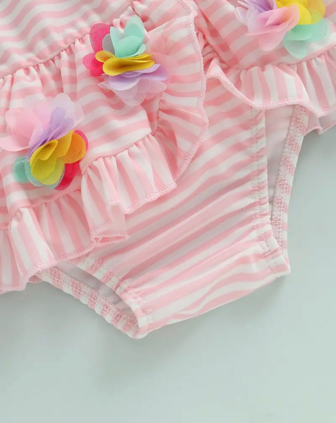 Pink Striped Floral Baby Girl Swimsuit – Ruffle Skirt One-Piece