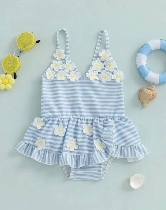 Blue Striped Daisy Baby Girl Swimsuit – Ruffle Skirt One-Piece