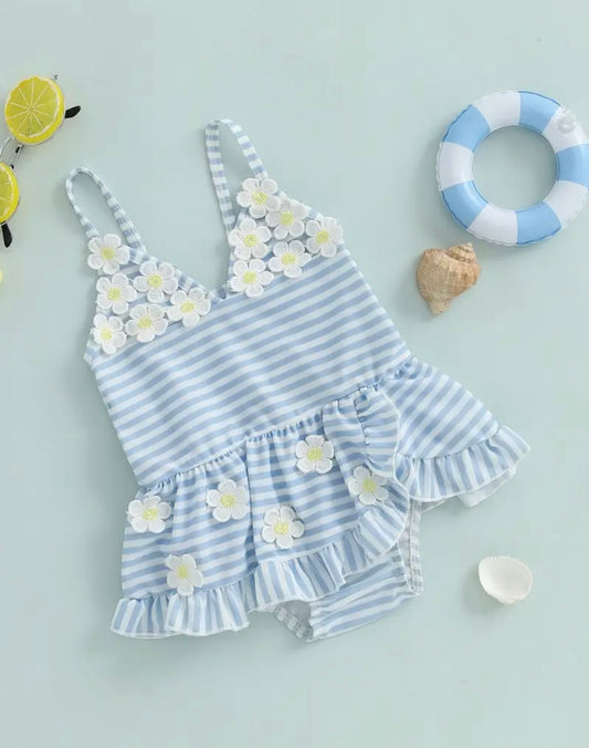 Blue Striped Daisy Baby Girl Swimsuit – Ruffle Skirt One-Piece