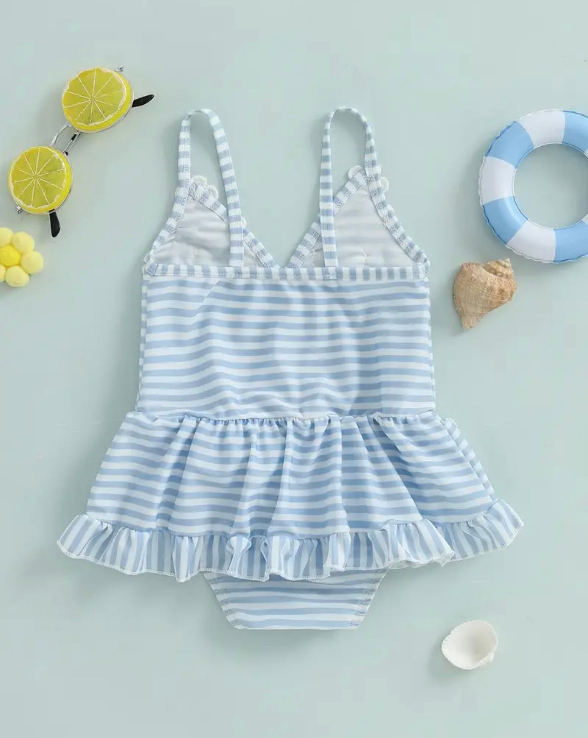 Blue Striped Daisy Baby Girl Swimsuit – Ruffle Skirt One-Piece