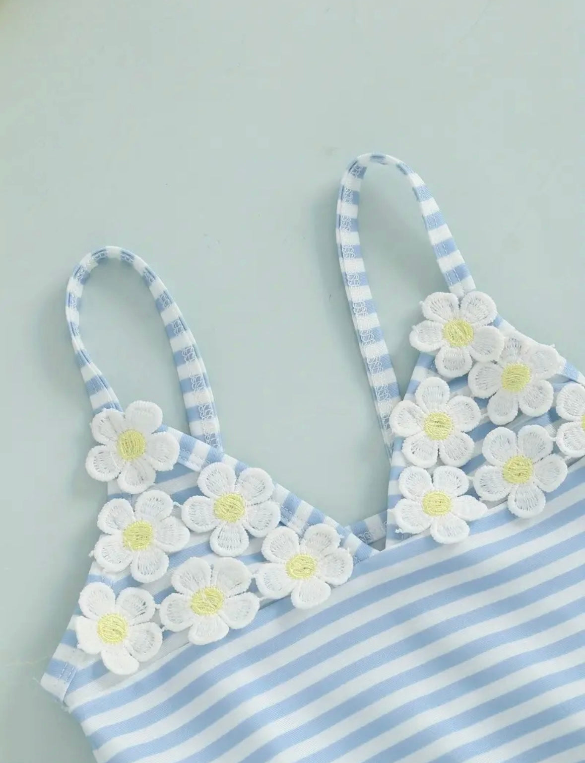 Blue Striped Daisy Baby Girl Swimsuit – Ruffle Skirt One-Piece