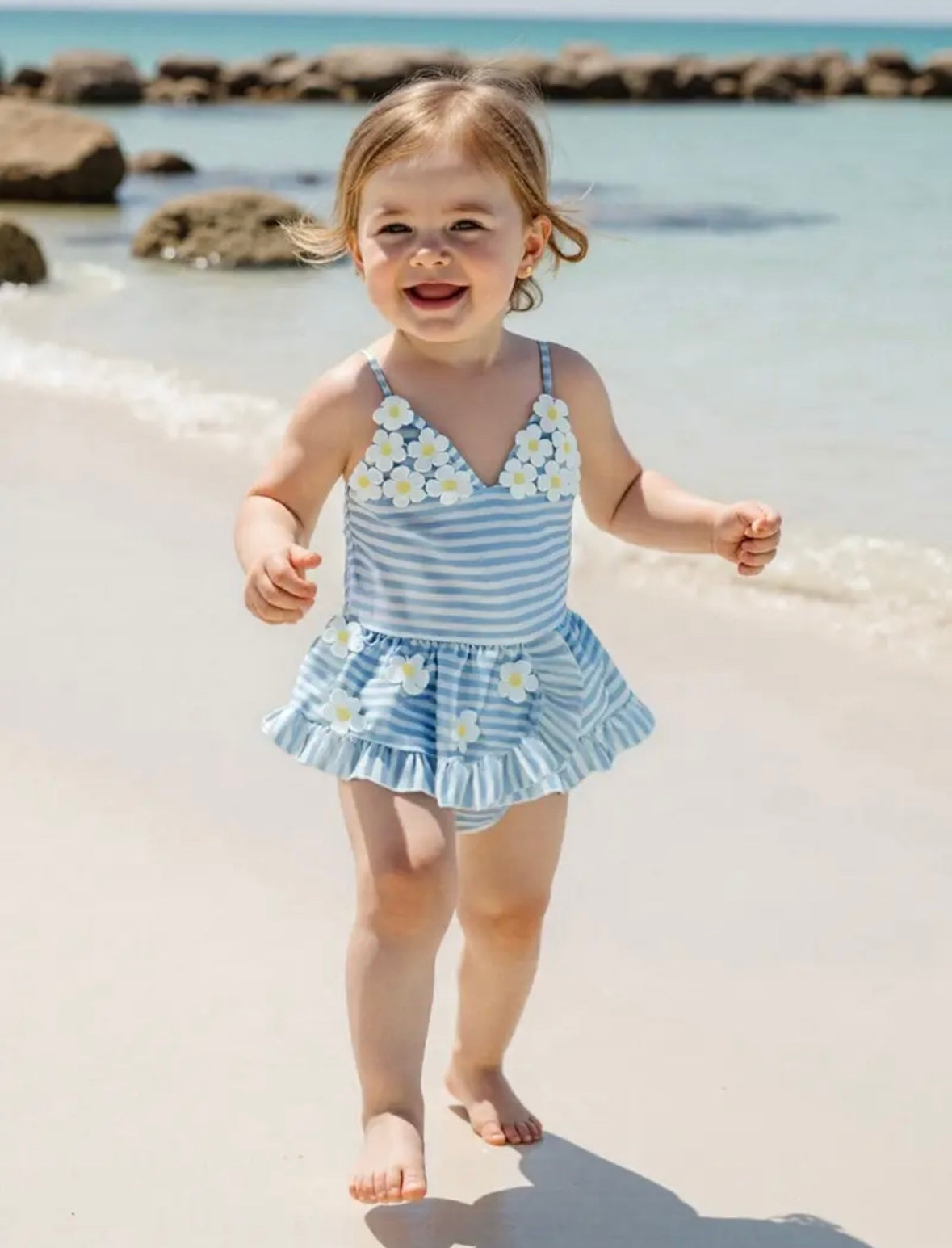 Blue Striped Daisy Baby Girl Swimsuit – Ruffle Skirt One-Piece