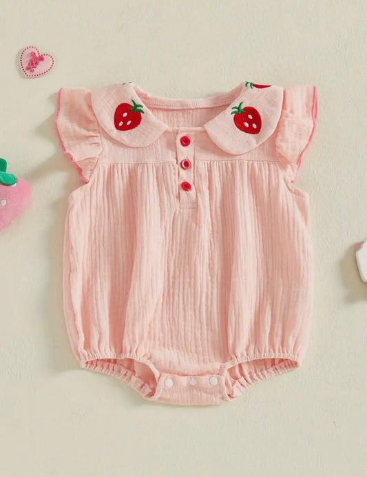 🍓 Strawberry Collar Baby Girl Romper – Soft Muslin Cotton