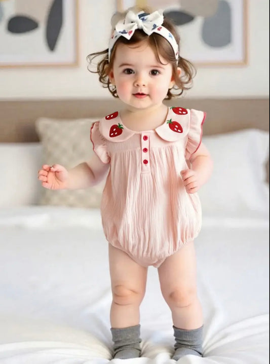 🍓 Strawberry Collar Baby Girl Romper – Soft Muslin Cotton