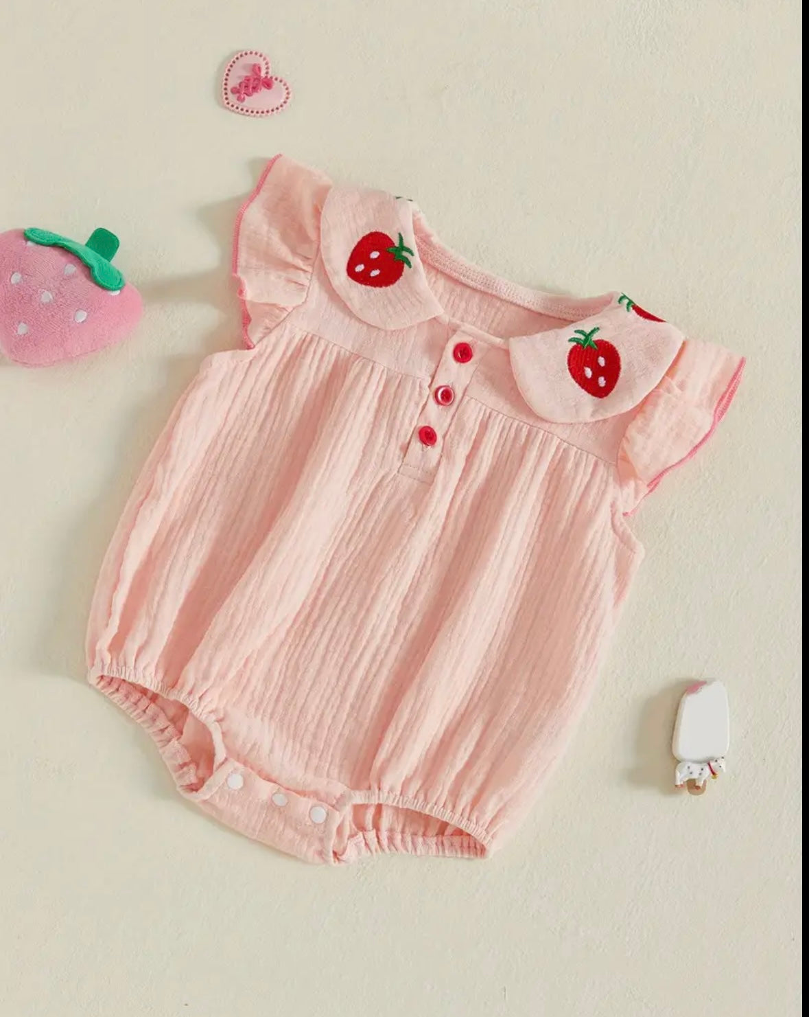 🍓 Strawberry Collar Baby Girl Romper – Soft Muslin Cotton