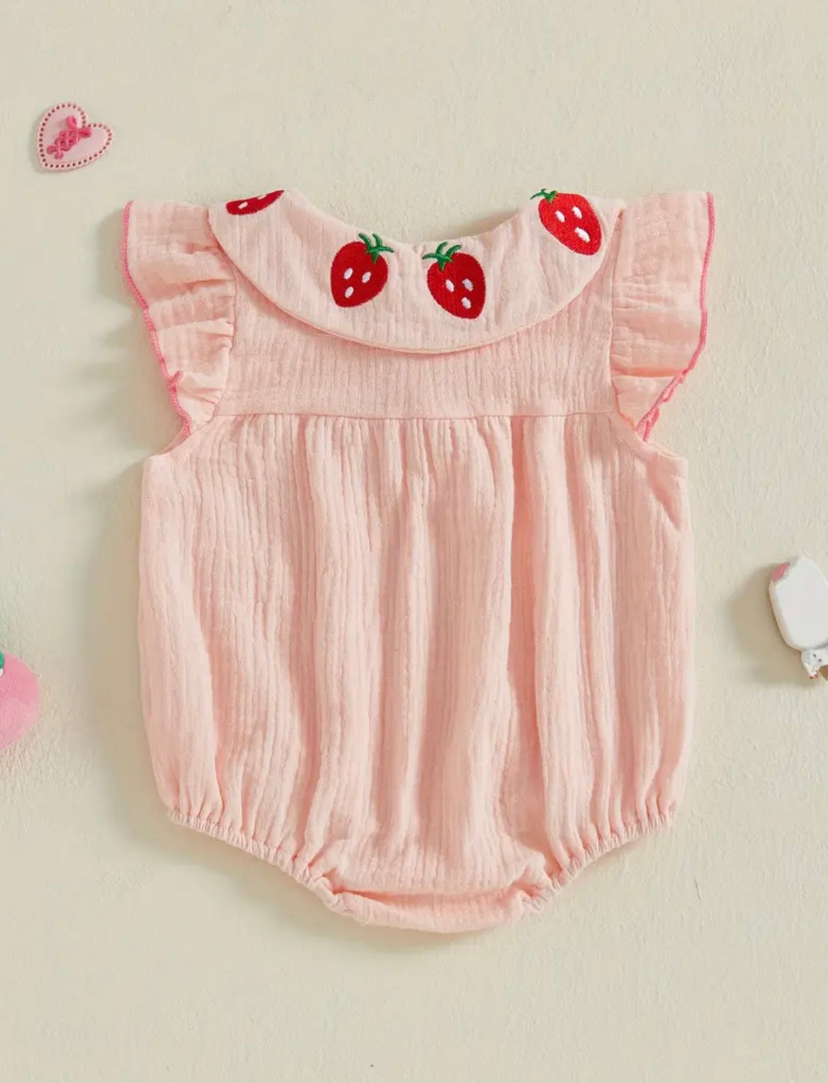 🍓 Strawberry Collar Baby Girl Romper – Soft Muslin Cotton