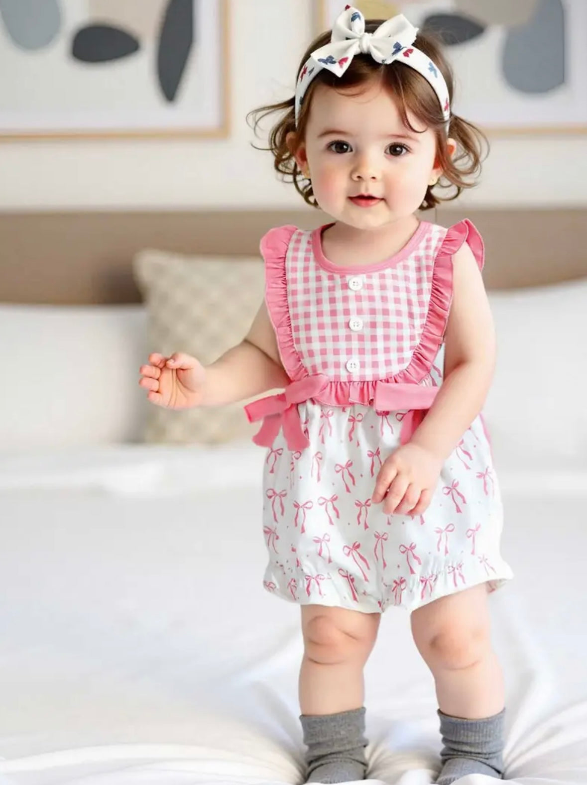 Gingham & Bows Baby Girl Romper – Pink Ruffle One-Piece