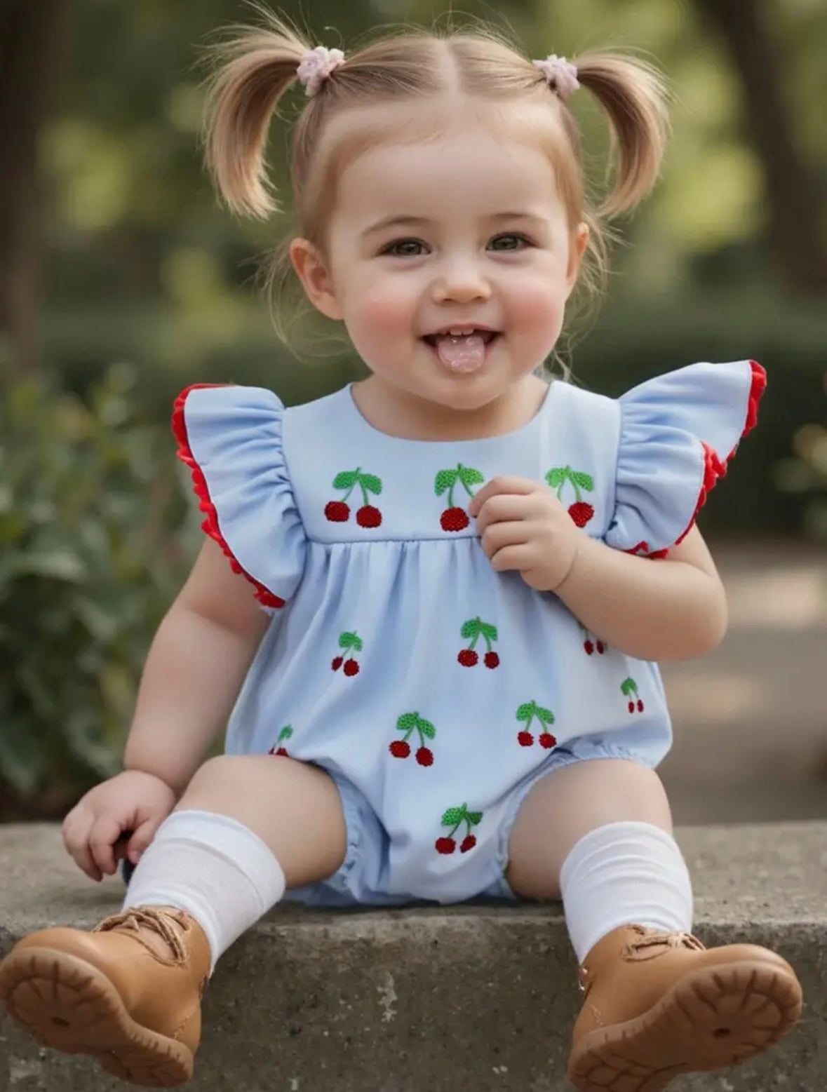 🍒 Blue Cherry Embroidered Baby Romper Set – With Headband