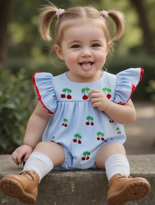 🍒 Blue Cherry Embroidered Baby Romper Set – With Headband