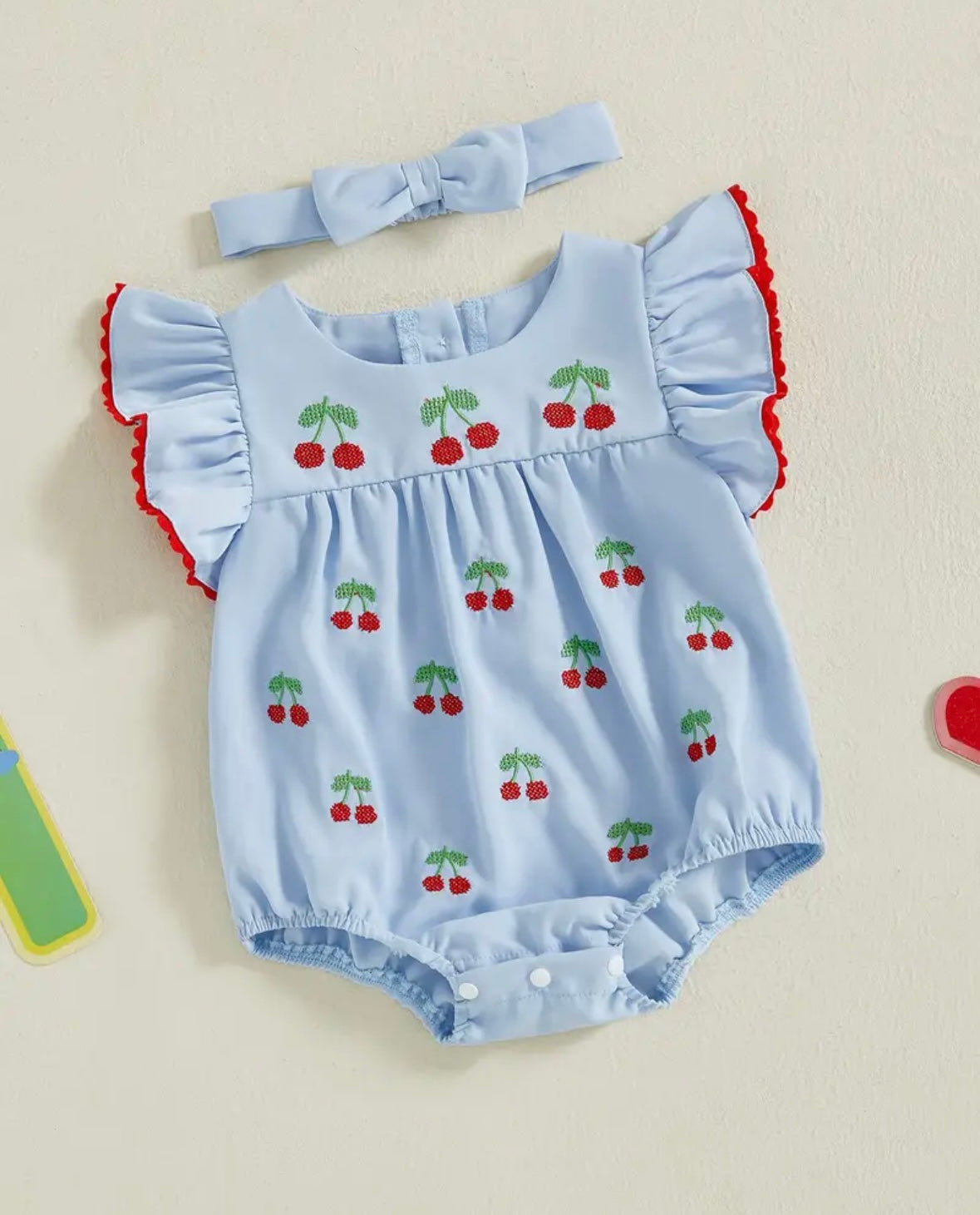 🍒 Blue Cherry Embroidered Baby Romper Set – With Headband