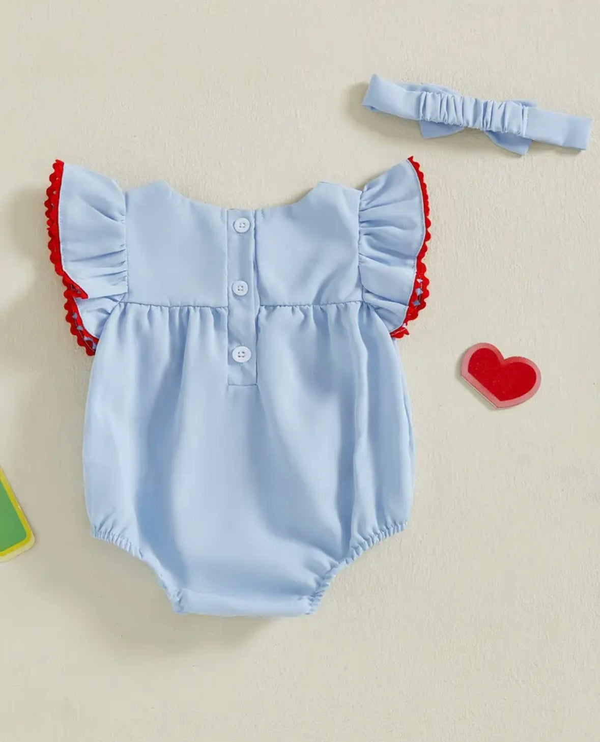 🍒 Blue Cherry Embroidered Baby Romper Set – With Headband