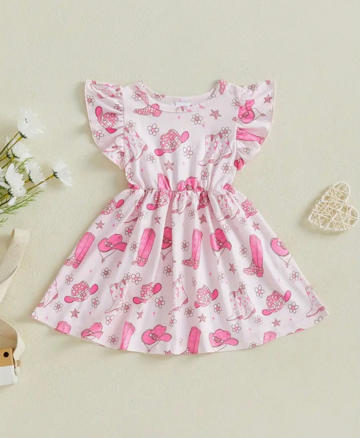 Pink Cowgirl Boots & Hats Dress – Flutter Sleeve Girls Dress