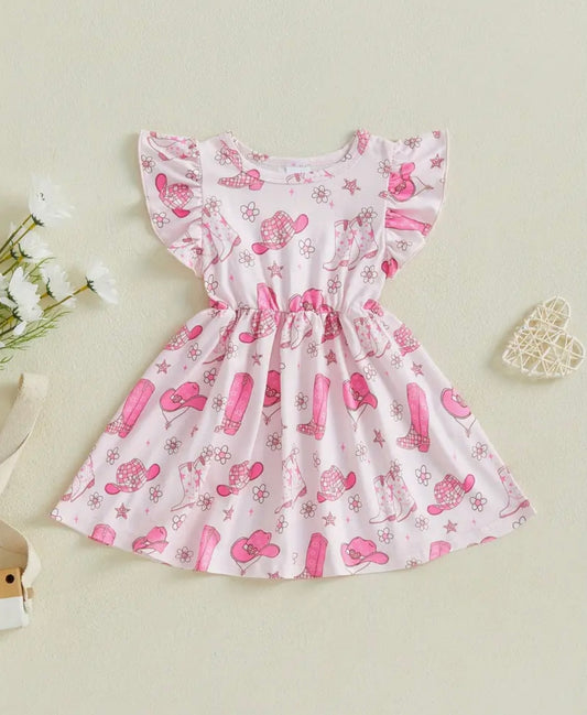 Pink Cowgirl Boots & Hats Dress – Flutter Sleeve Girls Dress