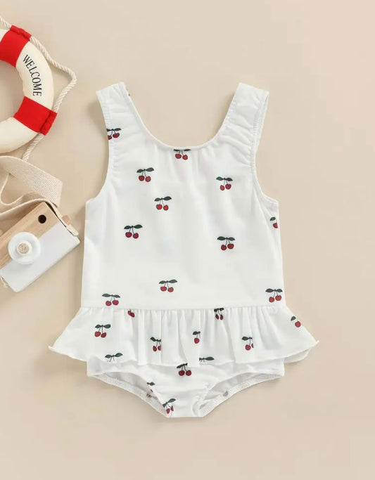 Cherry Sweetheart Baby Girl Swimsuit – White One-Piece with Ruffle Peplum