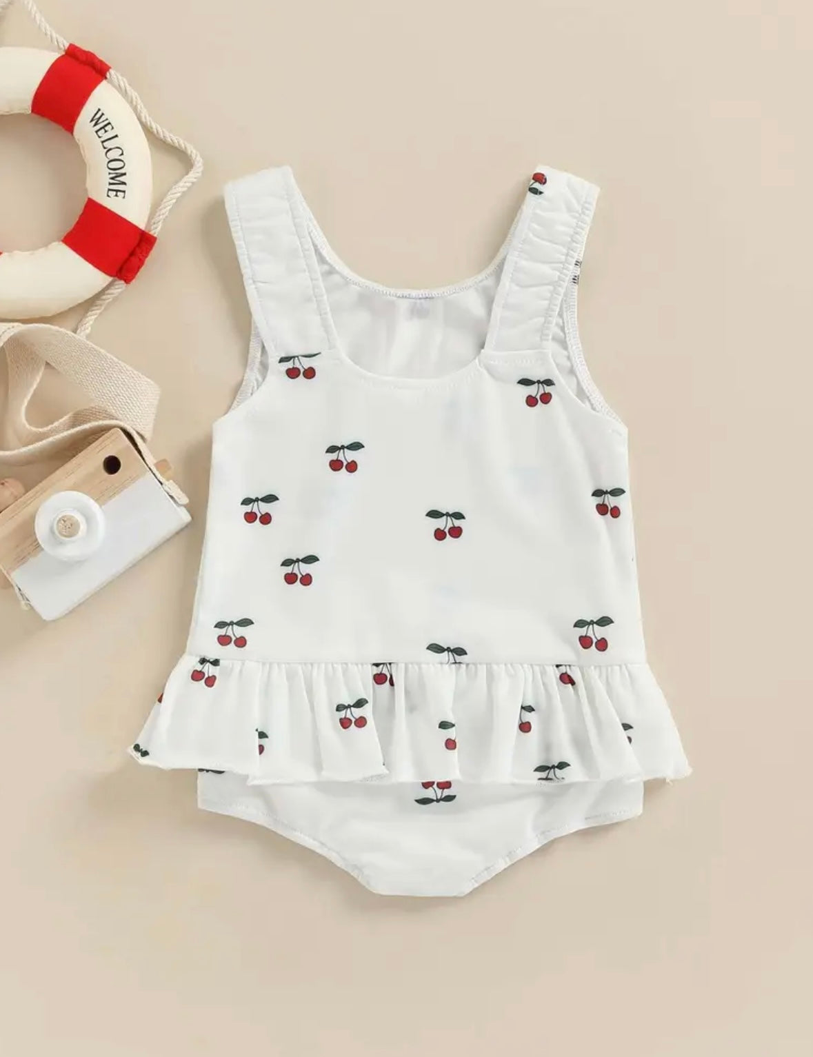 Cherry Sweetheart Baby Girl Swimsuit – White One-Piece with Ruffle Peplum
