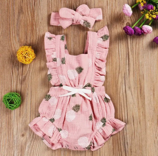 Pink Pineapple Ruffle Baby Romper with Bow Headband – Summer Sweetness